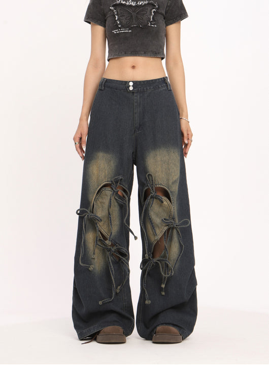 Pantalones Vaqueros Rotos con Cordones Cintura Alta Pierna Recta Mujer - Image 14