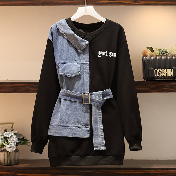 Vestido Suéter Largo para Mujer con Detalles en Denim