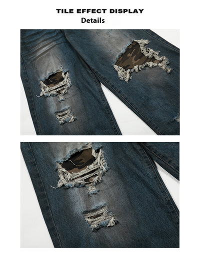Pantalones Vaqueros Rotos Camuflaje Mujer Cintura Alta Pierna Recta Oversize - Image 10