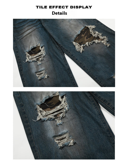 Pantalones Vaqueros Rotos Camuflaje Mujer Cintura Alta Pierna Recta Oversize - Image 10