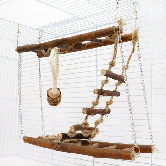 Wooden suspension bridge and ladder climbing toy for small pets, made of natural branches and jute rope, hanging in a cage. - Image 9