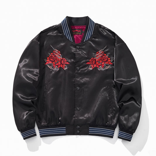 Chaqueta Beisbolera Casual Bordada Rosa y Cuervo Azul