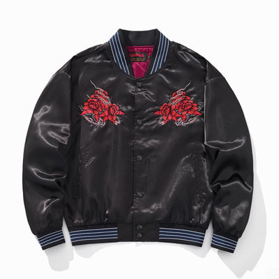 Chaqueta Beisbolera Casual Bordada Rosa y Cuervo Azul