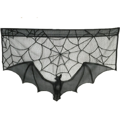 Black lace Halloween curtain with a spider web pattern and a hanging bat figure, perfect for spooky decor. - Image 7