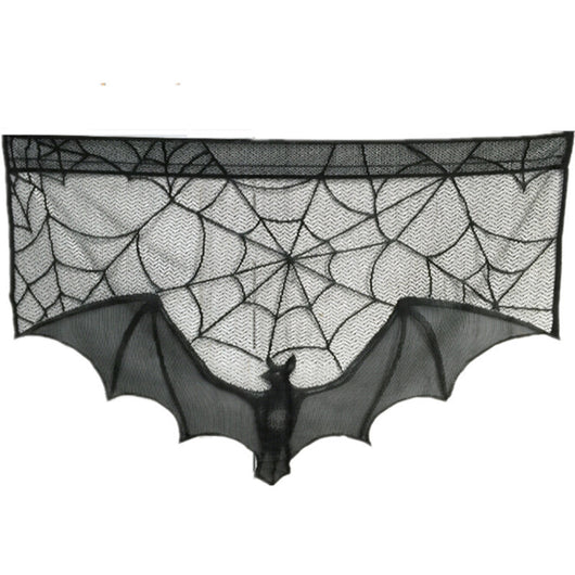 Black lace Halloween curtain with a spider web pattern and a hanging bat figure, perfect for spooky decor. - Image 7