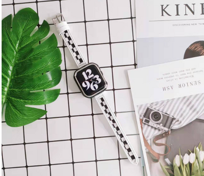 Correa Apple Watch 7 Cuadros Blanco y Negro Lona y Cuero - Image 13