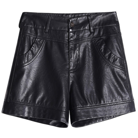 Shorts de Cuero Negro Talle Alto Pierna Ancha