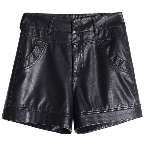Shorts de Cuero Negro Talle Alto Pierna Ancha