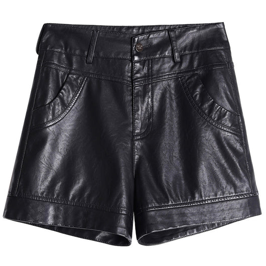 Shorts de Cuero Negro Talle Alto Pierna Ancha