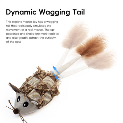 Plush mouse cat toy with a textured brown and beige body, embroidered eyes, string whiskers, and a fluffy feather tail. - Image 6