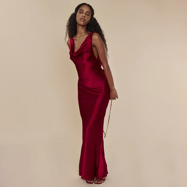 Vestido Largo de Gala con Encaje y Cordones para Mujer