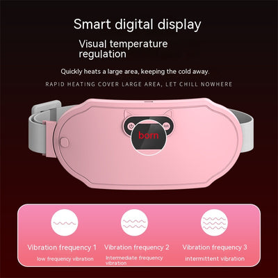 Pink stomach warming belt with vibration and heating, USB charging cable, two wormwood bags, and manual in a floral gift box. - Image 6