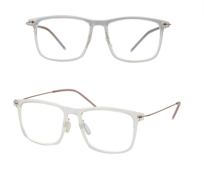 Two pairs of clear rectangular anti-blue light glasses with thin rose gold temples on a white background. - Image 4