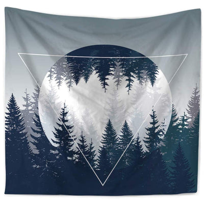 Blue and grey forest print tapestry with pine trees, a large white circle, and a white triangle overlay.