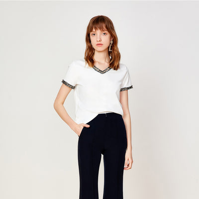Blusa Suelta de Verano para Mujer con Cuello en V y Detalles Deshilachados