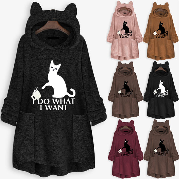 Suéter Reversible de Terciopelo con Capucha y Estampado de Gato