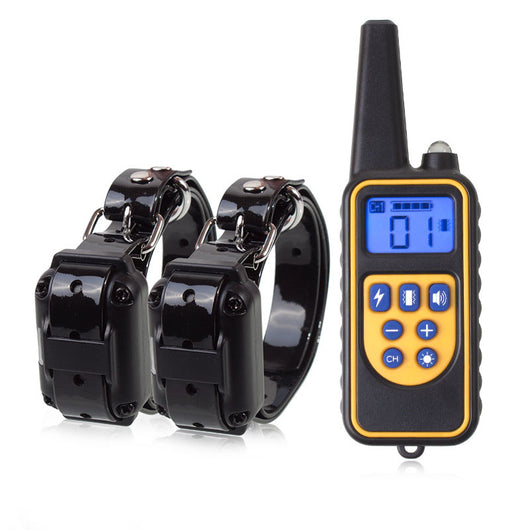 Three electric dog training collars in black, orange, and yellow with receivers, alongside a black and yellow remote control. - Image 19
