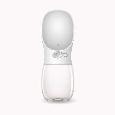 White portable pet water bottle with a clear reservoir and built-in drinking bowl, shown in a bag. - Image 4