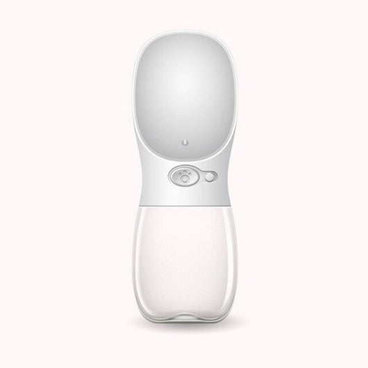 White portable pet water bottle with a clear reservoir and built-in drinking bowl, shown in a bag. - Image 4