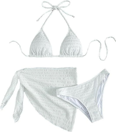 White textured lace-up split bikini swimsuit with a triangle halter top, high-cut bottoms, and matching sarong. - Image 9