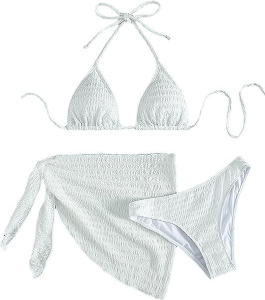 White textured lace-up split bikini swimsuit with a triangle halter top, high-cut bottoms, and matching sarong. - Image 9