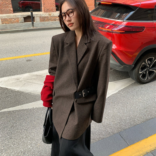 Blazer de Lana Estilo Americano con Hombreras Acolchadas para Mujer