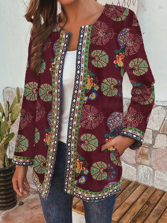 Abrigo Suelto Largo de Algodón y Lino con Estampado Retro