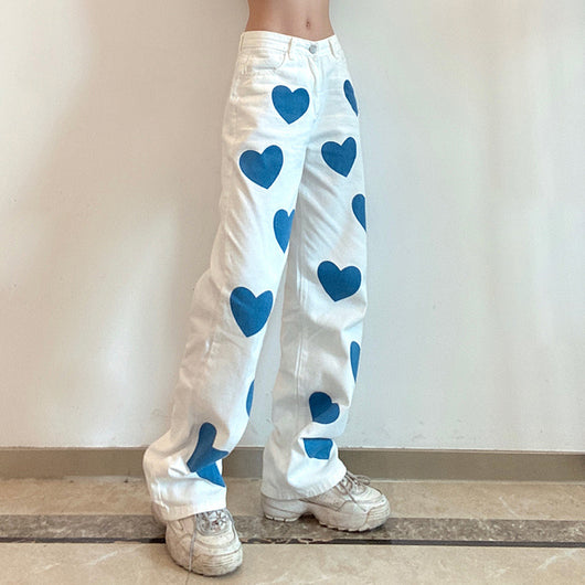 Pantalón Denim Talle Alto Recto con Estampado de Corazones - Image 5