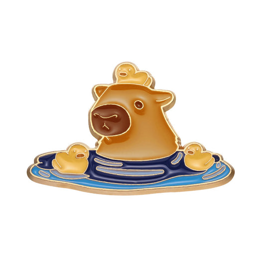 Cute capybara enamel brooch wearing a pink donut with sprinkles and "DONUT WORRY BE CAPPY" text. - Image 32