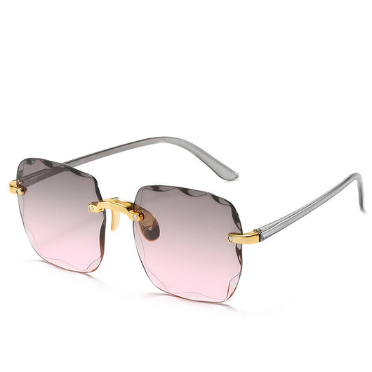 Pink rimless square sunglasses with wavy edges, gold-tone hardware, and clear pink temples on a white background. - Image 27