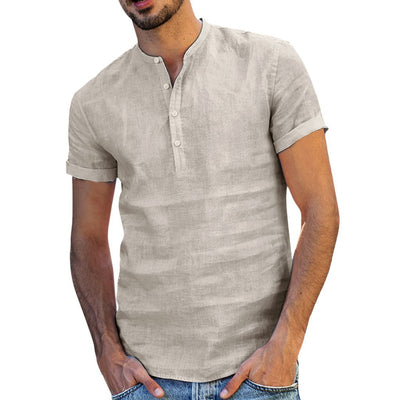 Camisa de Cuello Parado en Algodón y Lino de Manga Corta - Image 9