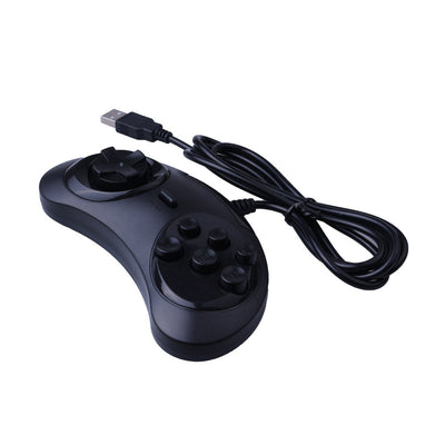 Black USB computer game controller with a classic design, featuring a D-pad, six action buttons, and a start button.