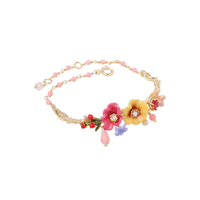 Pulsera de Flores de Peonía en Esmalte Rosa con Zircones Chapada en Oro