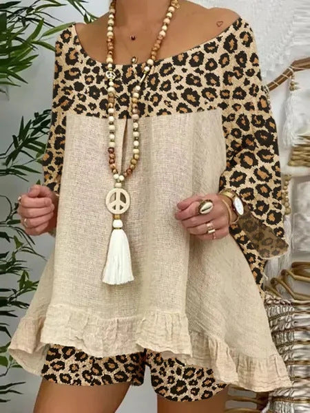 Traje Suelto Talla Grande con Estampado de Leopardo y Costuras Decorativas en Algodón y Lino - Image 10