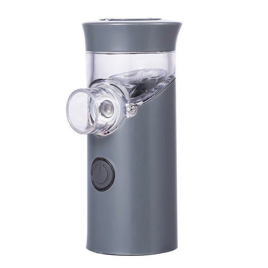 Gray handheld ultrasonic nebulizer with a clear medication chamber and a power button, designed for portable respiratory care. - Image 10