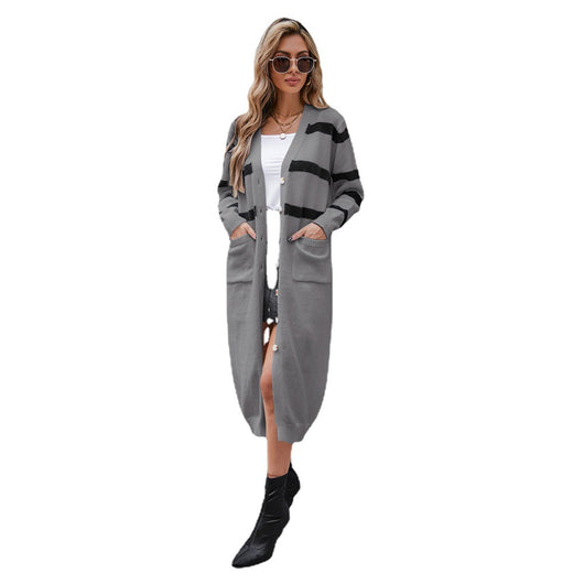 Suéter Chaqueta Larga con Costuras a Rayas para Mujer - Image 5