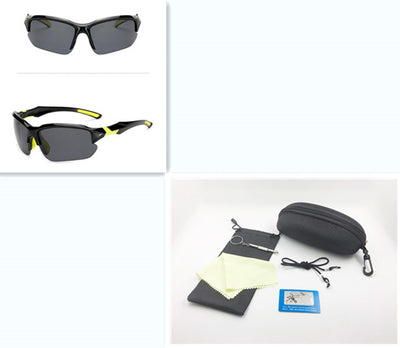 Black sports sunglasses with blue polarized lenses, shown from a front view and a three-quarter side view. - Image 35