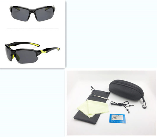 Black sports sunglasses with blue polarized lenses, shown from a front view and a three-quarter side view. - Image 35