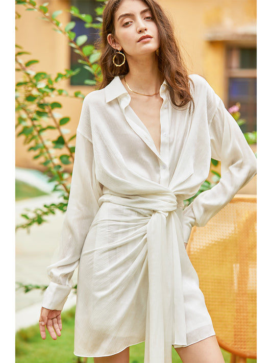 Vestido Camisero Blanco Escote en V para Mujer