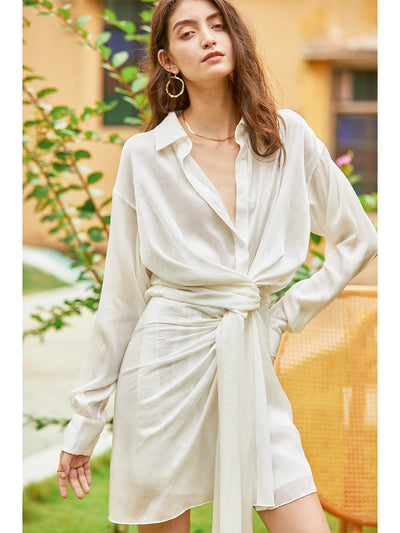 Vestido Camisero Blanco Escote en V para Mujer