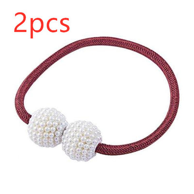 Magenta elastic curtain tieback with two white pearl-beaded spheres, designed to hold curtains elegantly. - Image 26