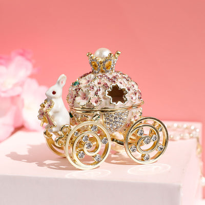 White and gold princess carriage trinket box with a crown, pearl, and bunny figurine, adorned with rhinestones. - Image 9