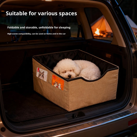Beige pet car seat with a small white dog inside, secured to a car's passenger seat, designed for safe travel.