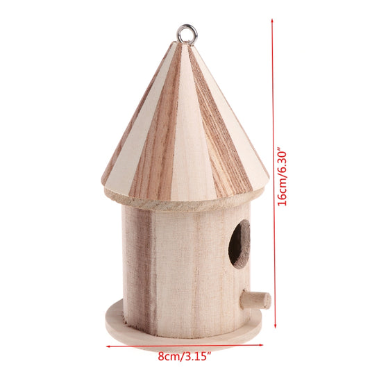Wooden outdoor bird nest with a conical striped roof and a small entrance hole, next to a bird on a branch. - Image 2