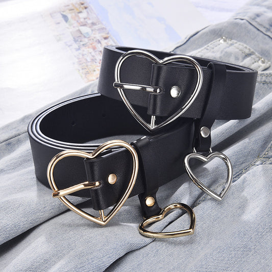 Black imitation leather belt with a silver heart-shaped pin buckle and a dangling heart charm. - Image 2