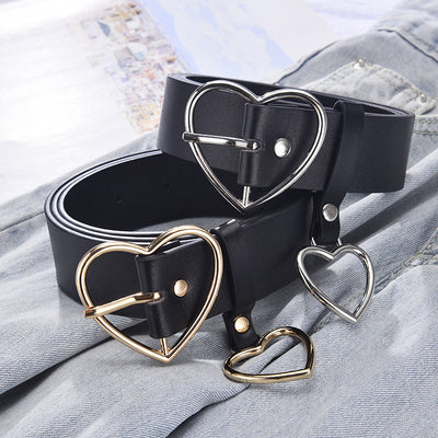 Black imitation leather belt with a silver heart-shaped pin buckle and a dangling heart charm. - Image 2