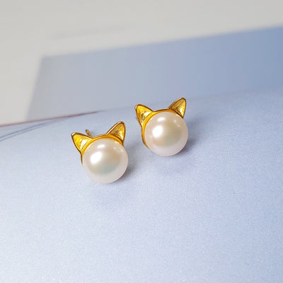 Aretes de Plata 925 con Perlas de Agua Dulce y Diseño de Orejas de Gato - Image 10