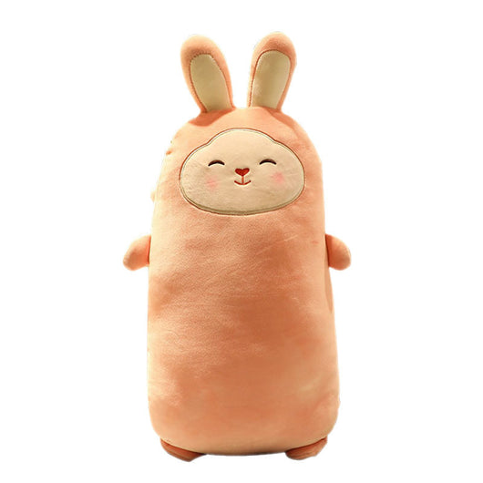 Pink rabbit plush doll with closed eyes, soft and elongated, standing on a bed. - Image 3