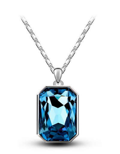 Teal rectangular crystal necklace and matching stud earrings set with silver-toned settings and chain. - Image 12