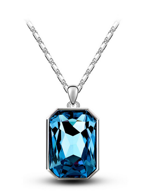 Teal rectangular crystal necklace and matching stud earrings set with silver-toned settings and chain. - Image 12
